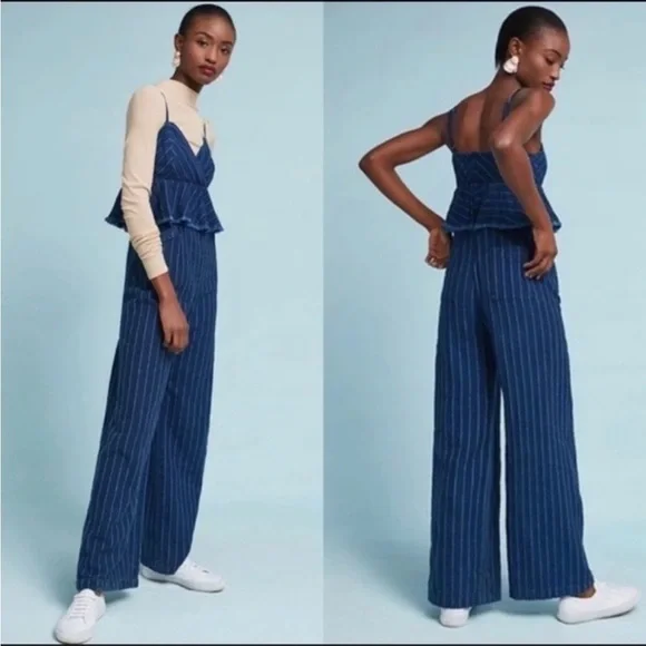 Anthropologie Ett:twa Peplum Striped Denim Jumpsuit Size Small - Picture 1 of 15